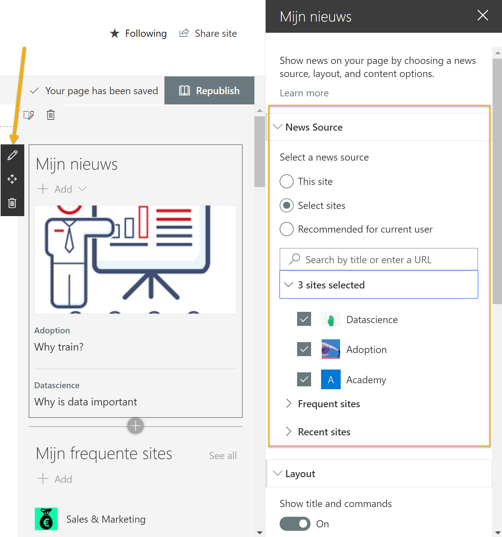 Example of the smart filtering capability SharePoint home site