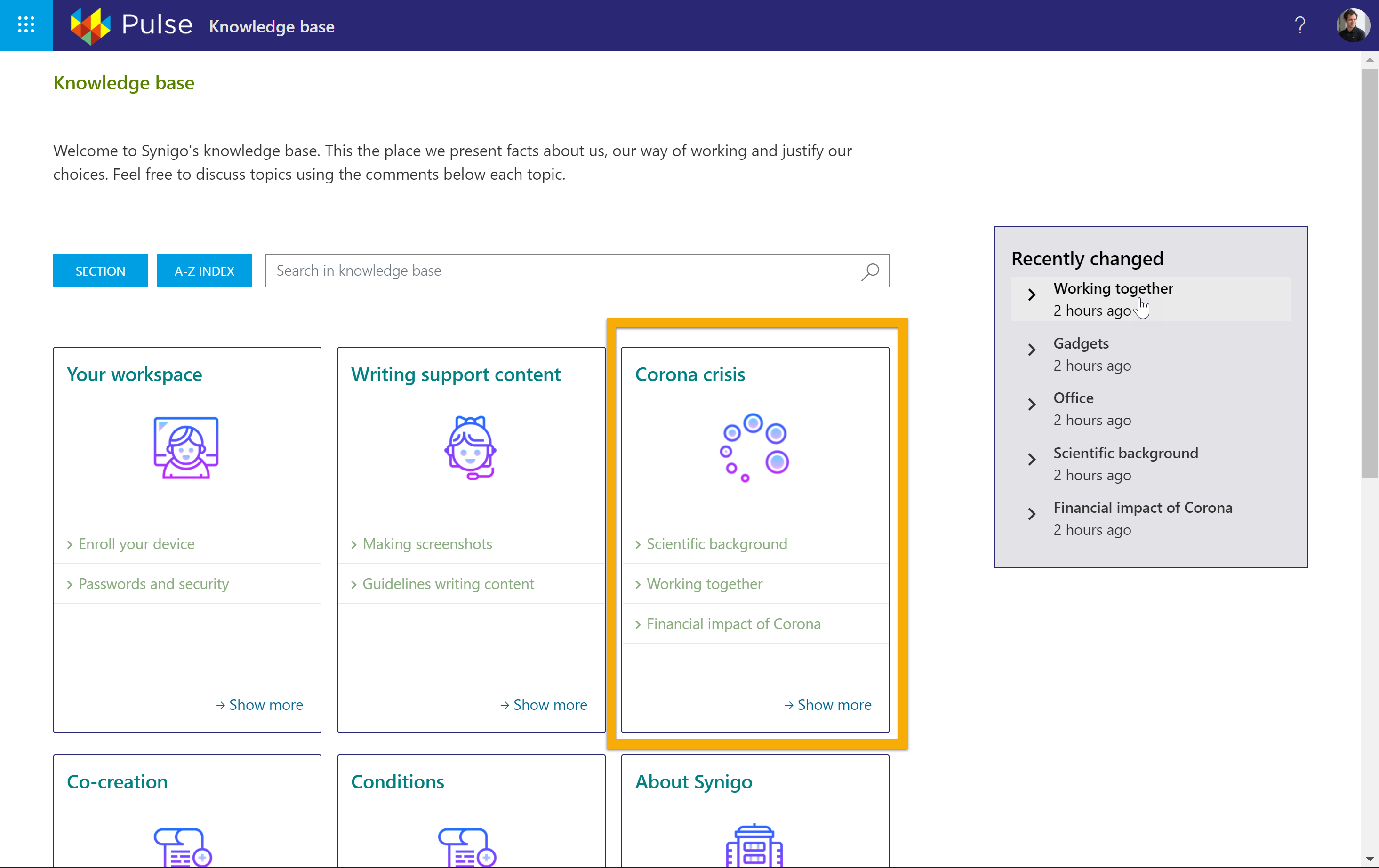 Voorbeeld van de Knowledge Base bij Synigo