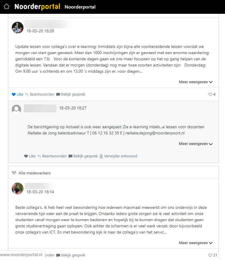 Voorbeeld van communicatie over Corona via tijdlijn. Let op: een groep alle medewerkers maakt het erg makkelijk om iedereen te bereiken.