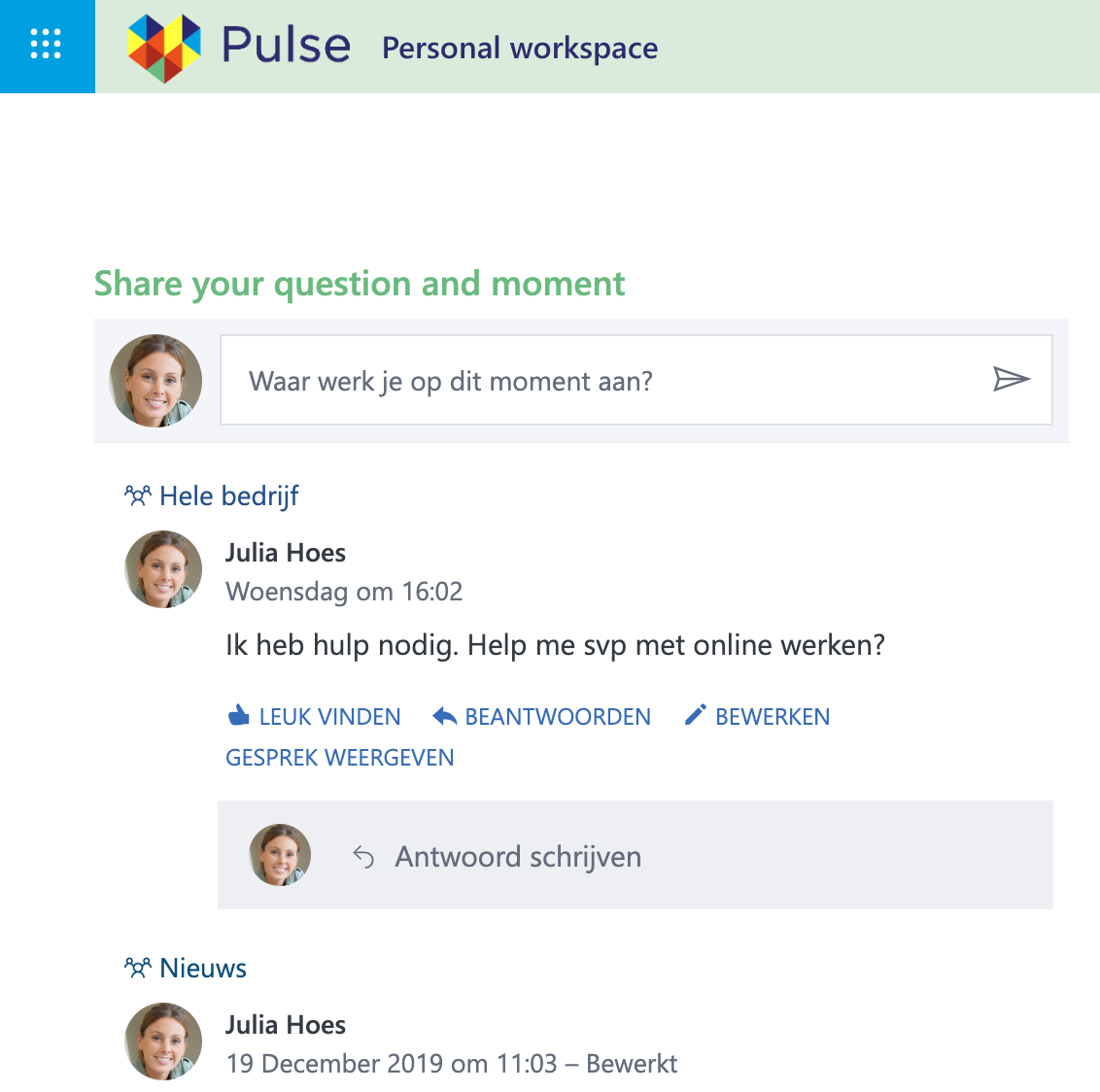 Ad hoc berichten kunnen ook goed met de Yammer tijdlijn worden weergegeven